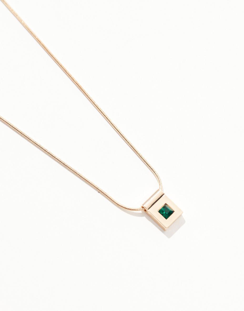 ASOS DESIGN necklace with square pendant with faux emerald crystal in gold tone Product Image