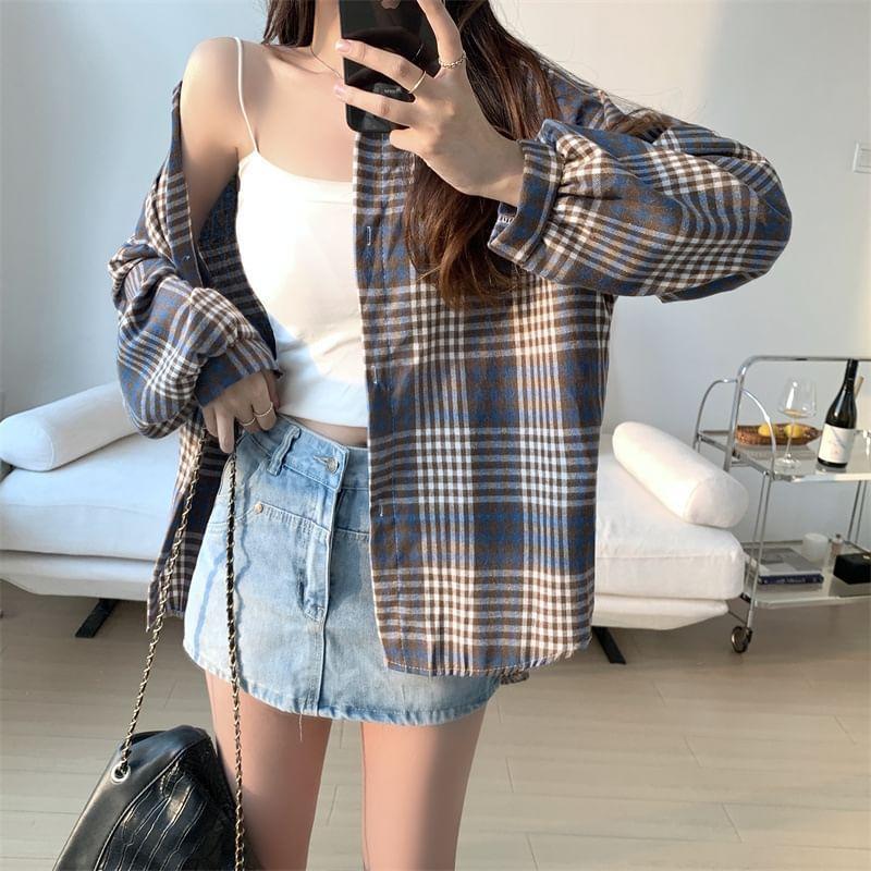 Puff-Sleeve Plaid Button-Up Shirt / Plain Camisole Top Product Image