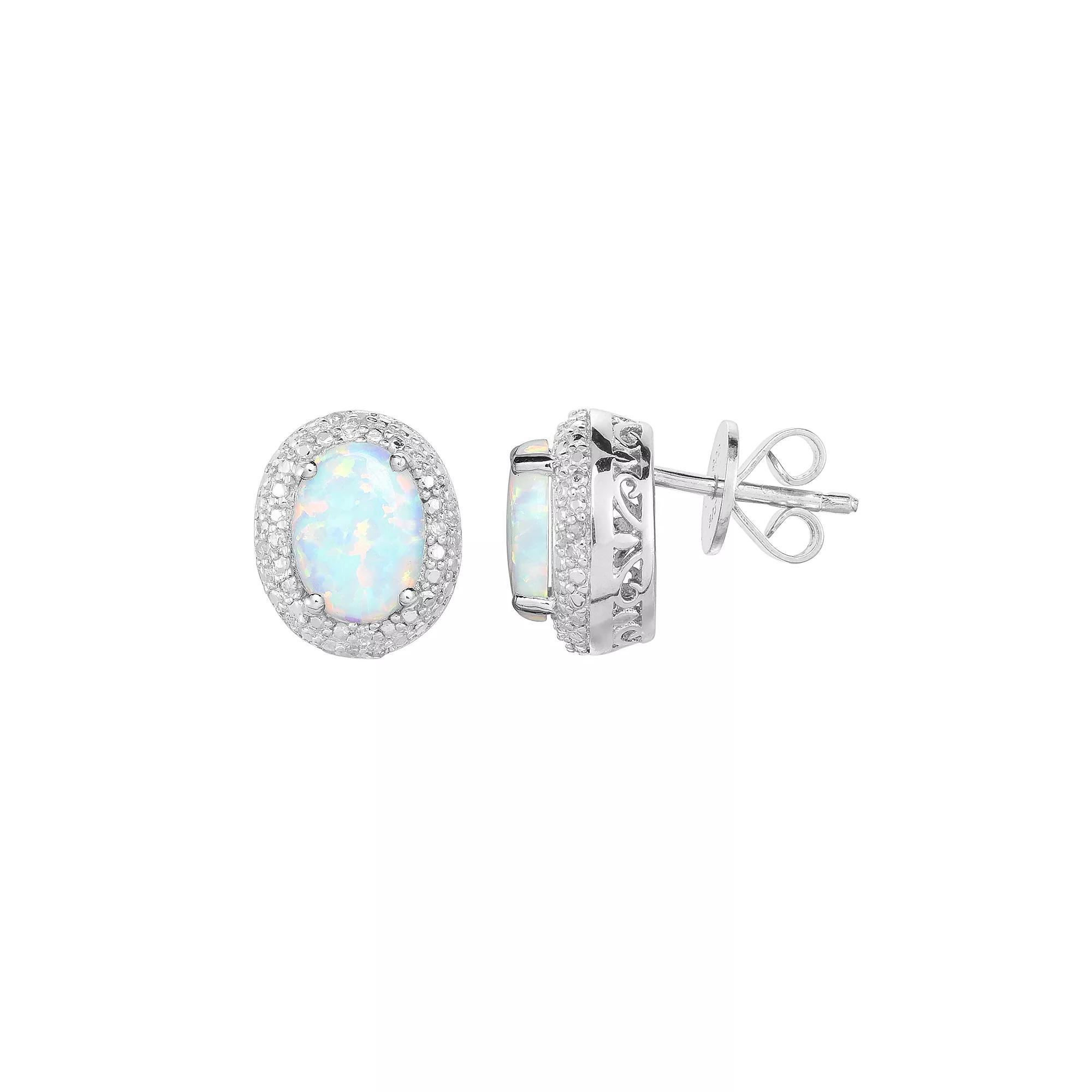 Oro Leoni Sterling Silver Lab-Created White Opal & 1/10 Carat T.W. Diamond Oval Halo Stud Earrings, Women's Product Image