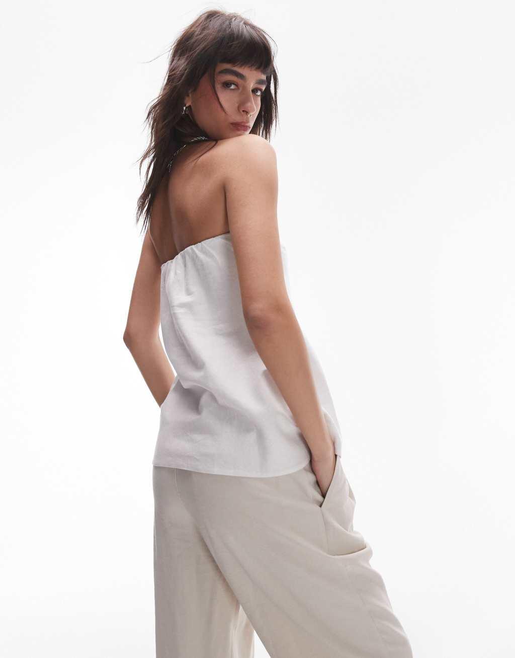 Topshop linen look longline bandeau top in white Product Image