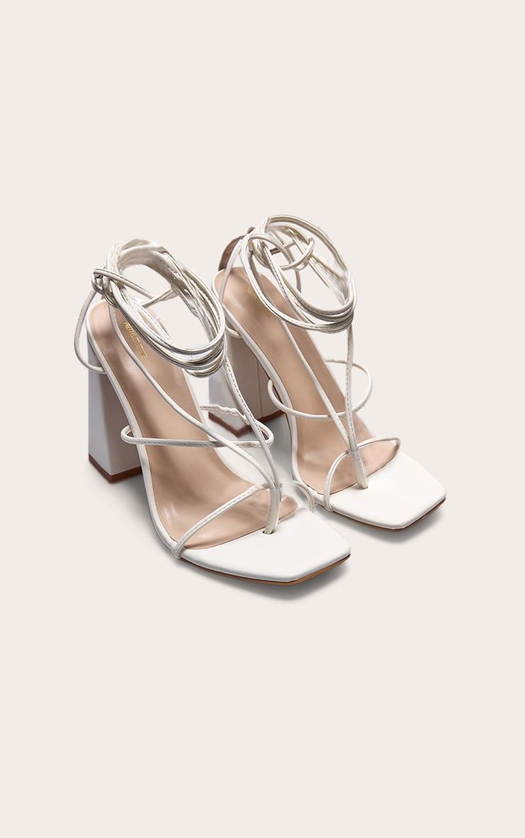 White PU Toe Detail Lace Up High Block Heeled Sandals Product Image