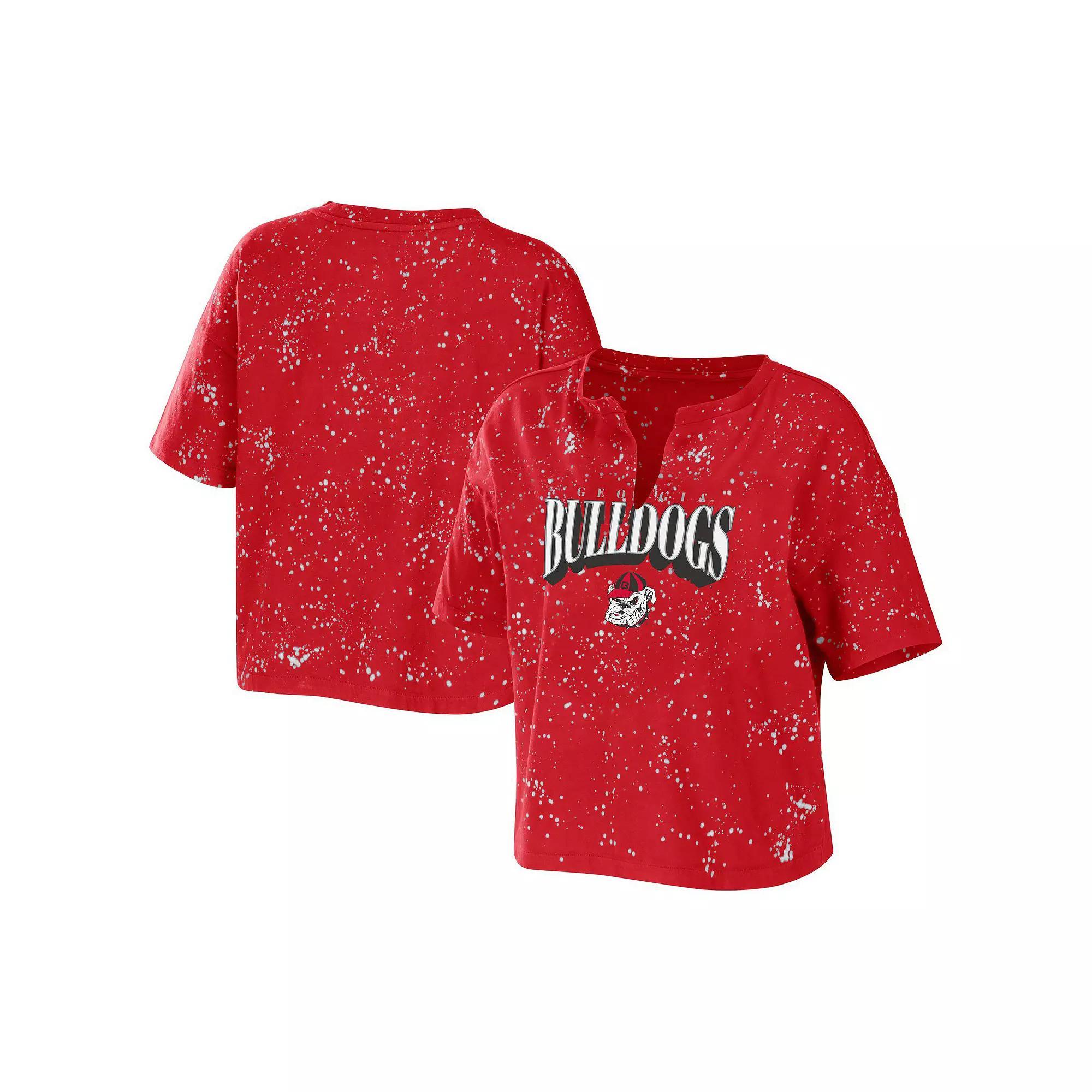 Women's WEAR by Erin Andrews Red Georgia Bulldogs Bleach Wash Splatter Cropped Notch Neck T-Shirt, Size: Medium Product Image