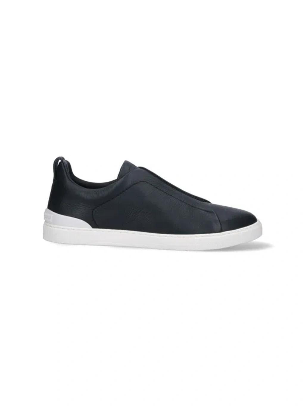 ZEGNA Triple Stitch Blue Leather Sneakers Product Image