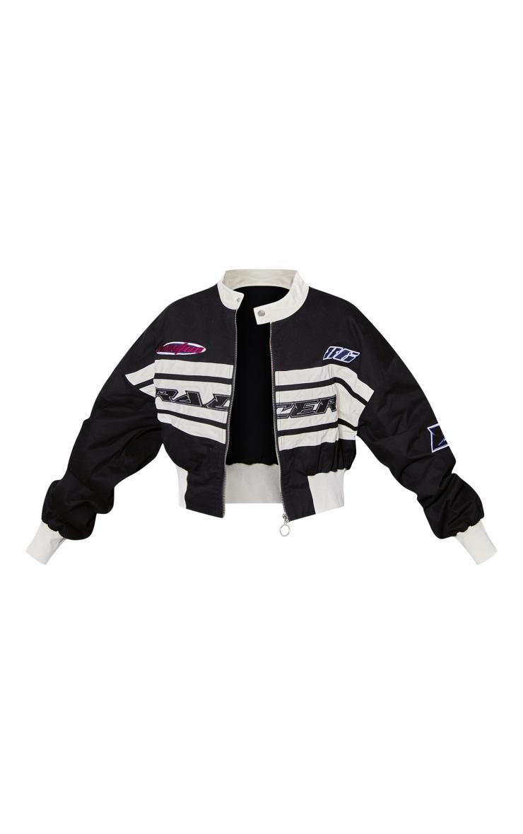 Black Contrast Stripe Peach Skin Ribbed Hem Racer Jacket Product Image