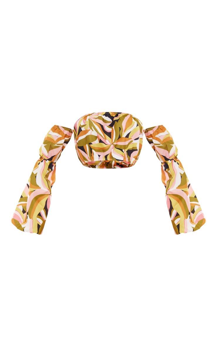 Khaki Floral Print Linen Look Bardot Puff Sleeve Beach Top Product Image