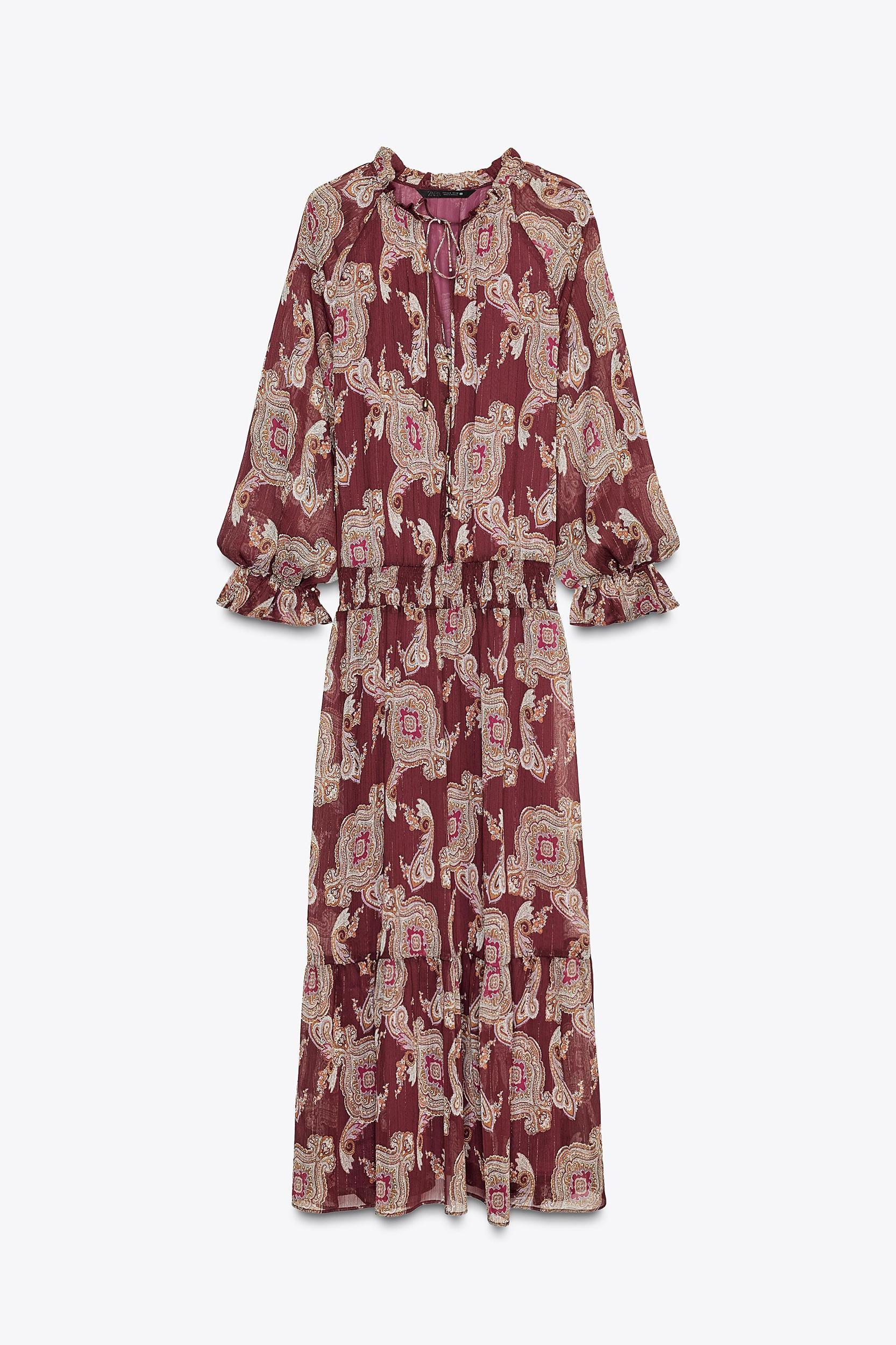 LONG PRINTED DRESS WITH METALLIC THREAD Product Image