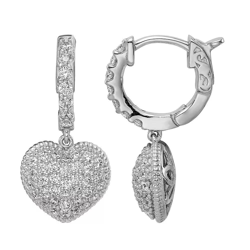 Sterling Shimmer Cubic Zirconia Hinged Hoop Dangle Heart Earrings, Women's Product Image