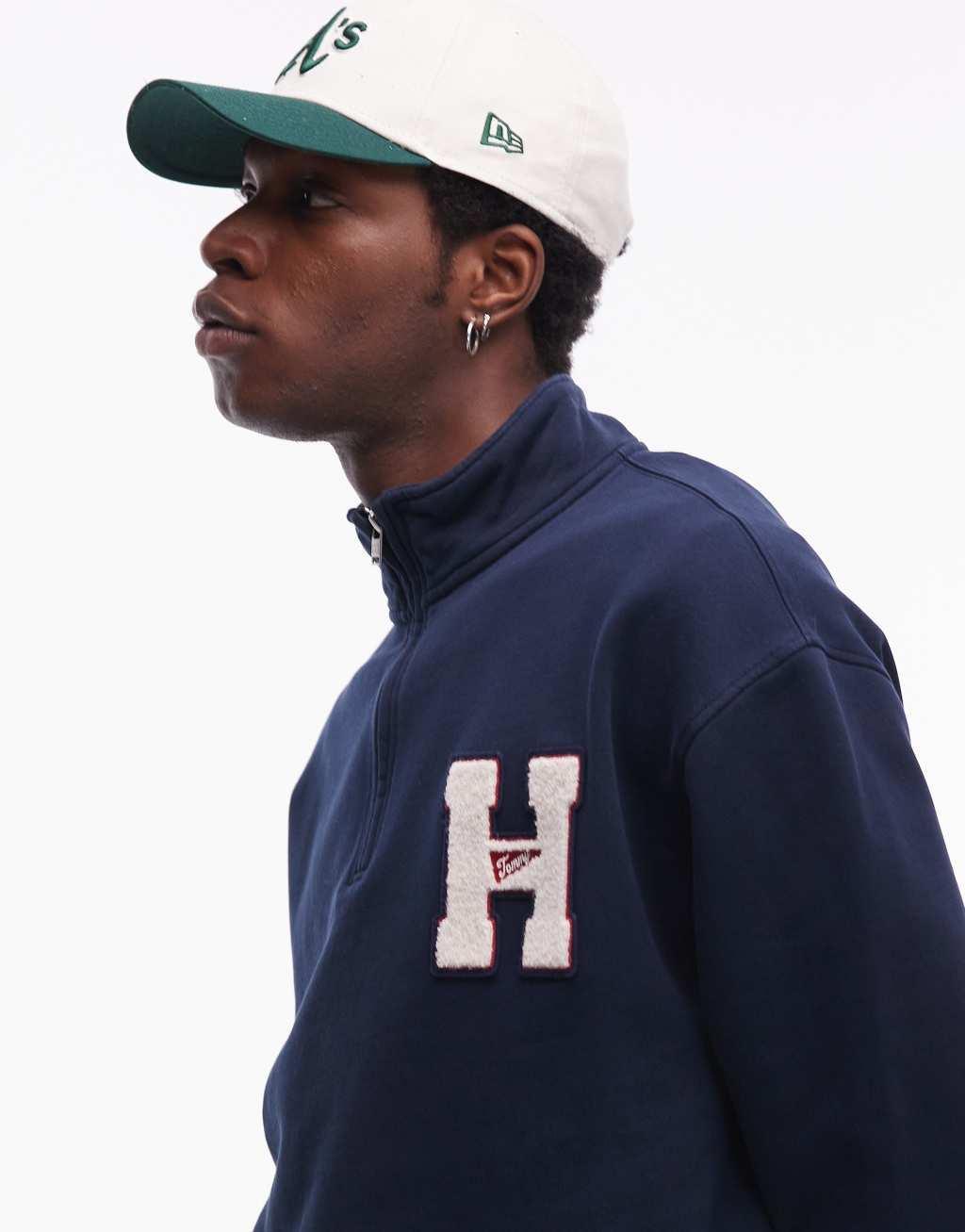 Tommy Jeans varsity patch 1/4 zip sweatshirt in navy Product Image