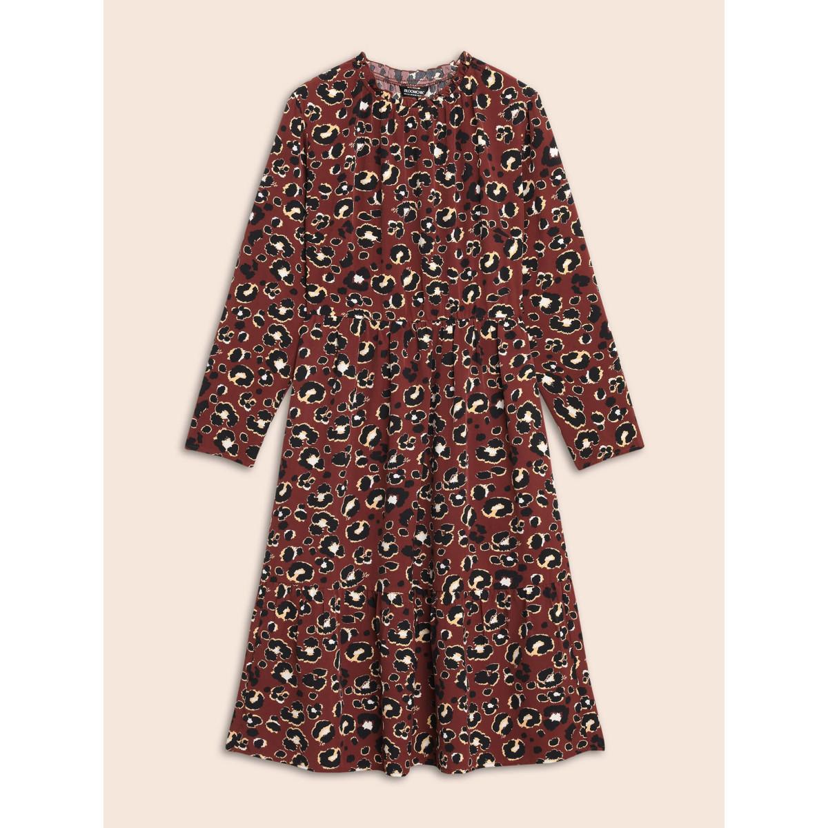 Plus Size Leopard Print Mock Neck Frill Trim Dress Russet Women Elegant Frill Trim Mock Neck Long Sleeve Curvy BloomChic 22-24/3X Product Image