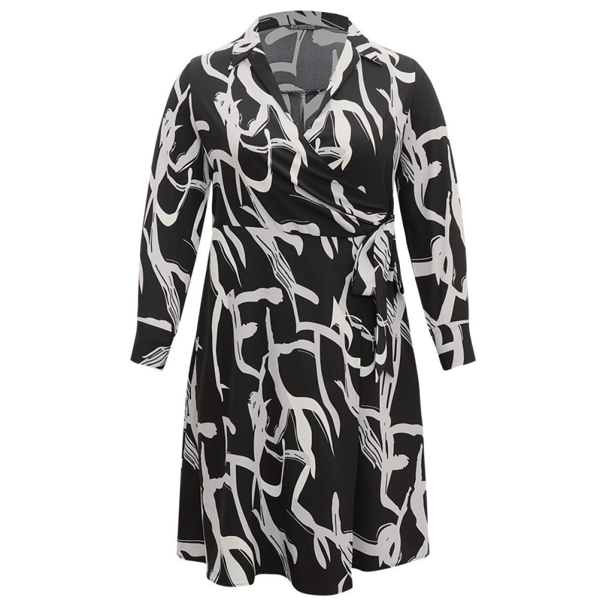 Plus Size Geometric Print Pocket Wrap Ties Dress BlackFlower Women Office Wrap V-neck Long Sleeve Curvy Midi Dress BloomChic 30/6X Product Image