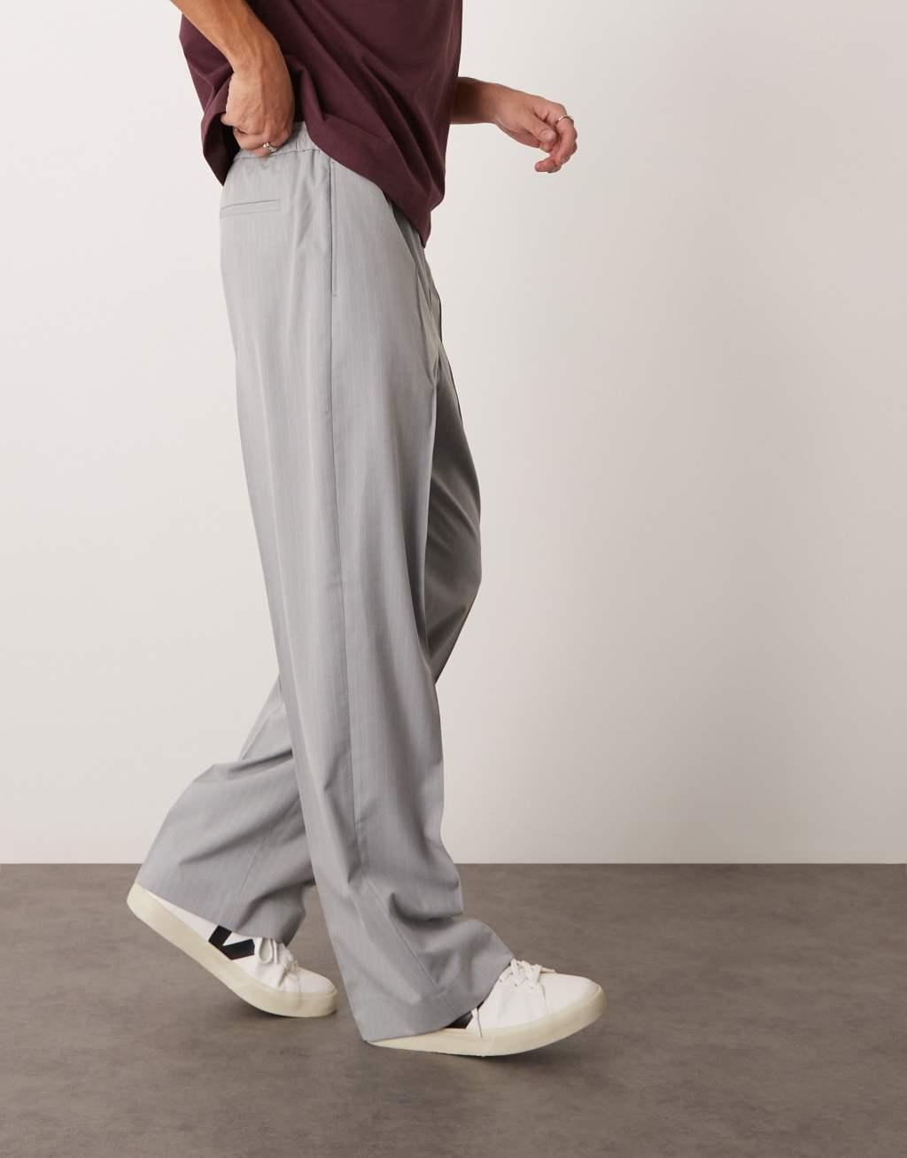 ASOS DESIGN smart wide leg pants in gray pinstripe Product Image