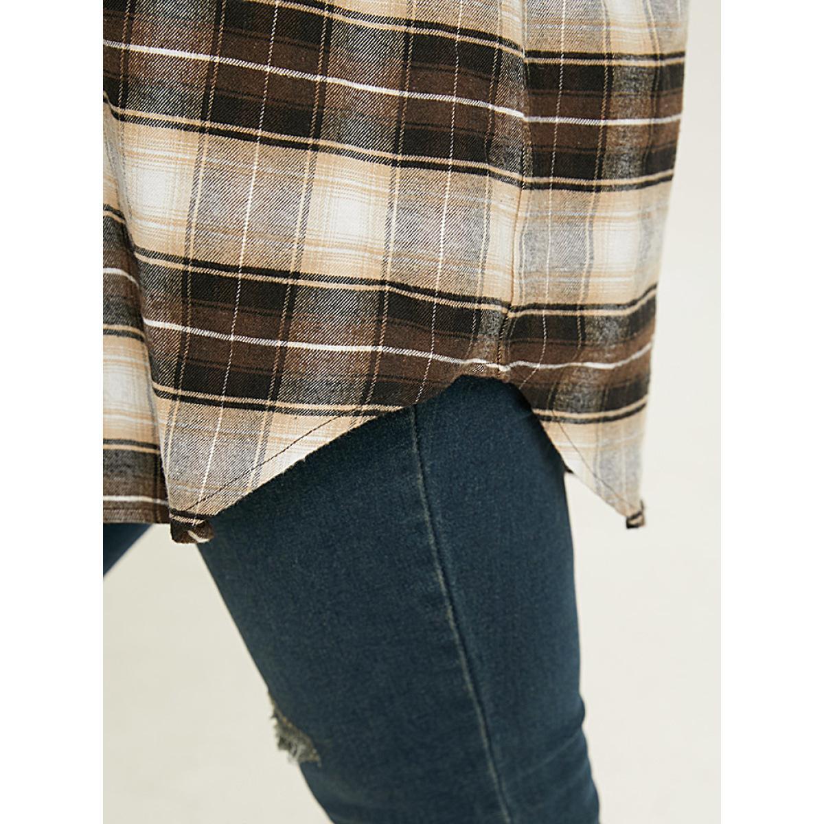 Plus Size Plaid Button Up Hooded Patchwork Shacket Women DarkBrown Contrast Pocket Everyday Jackets BloomChic 14-16/1X Product Image