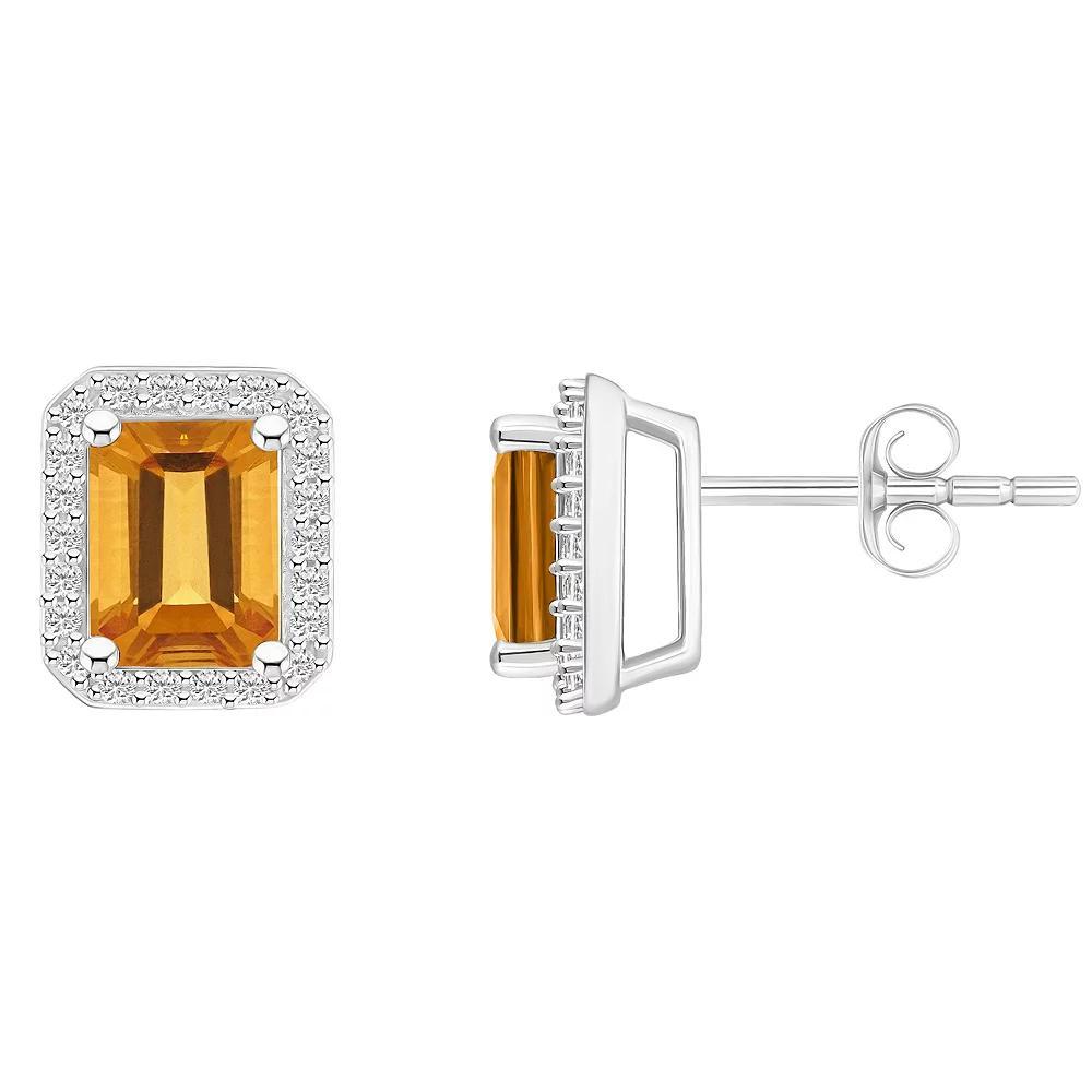 Celebration Gems 10k White Gold Emerald Cut Gemstone & Lab-Created White Sapphire Halo Stud Earrings, Women's, Citrine Product Image