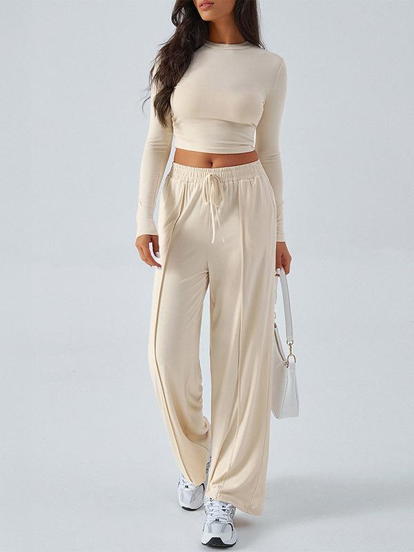 Long Sleeves Loose Solid Color Round-Neck T-Shirt Top + Drawstring Elasticity Pockets Pants Bottom Two Pieces Set Product Image