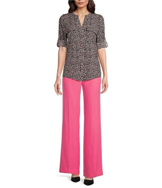 Calvin Klein Crew Neck Printed Roll Sleeve Button Front Blouse Product Image