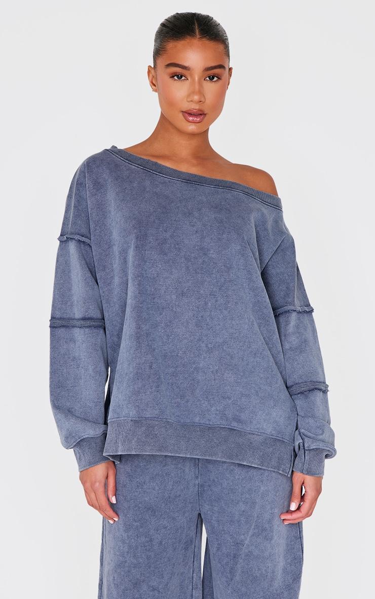  Blue Grey Washed Off The Shoulder Frayed Seam Detail Sweatshirt Product Image