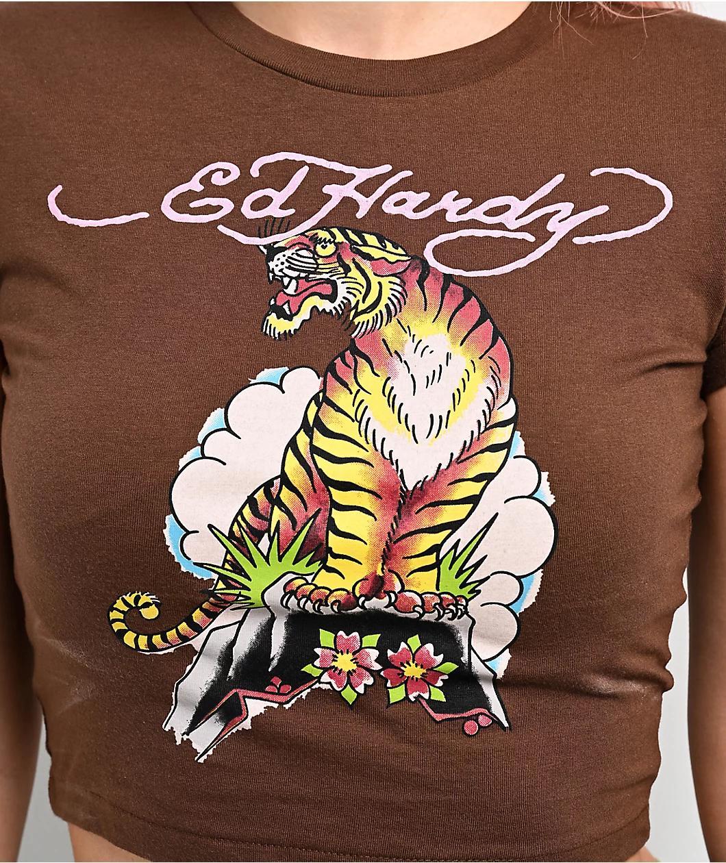 Ed Hardy Tiger Cloud Brown Crop T-Shirt Product Image