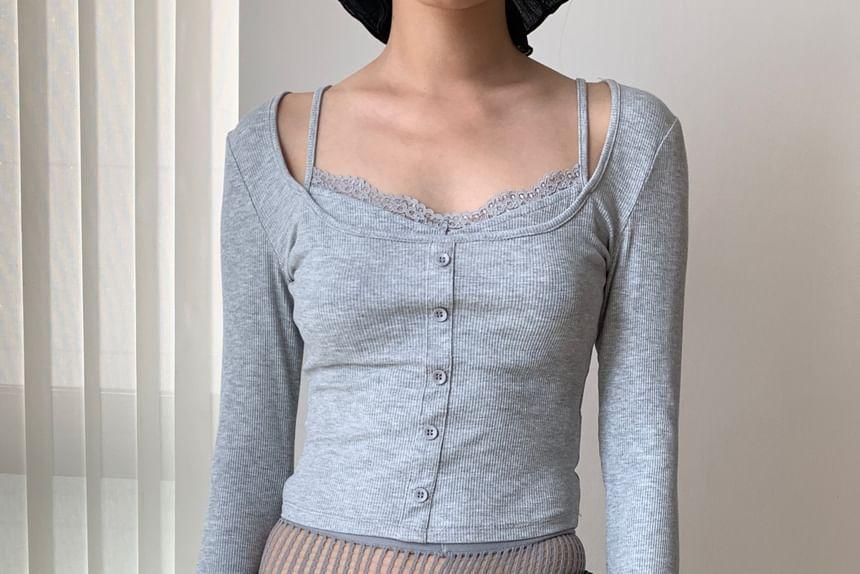 Long-Sleeve V-Neck Mock Two-Piece Plain Button Accent Lace Trim Crop T-Shirt Product Image