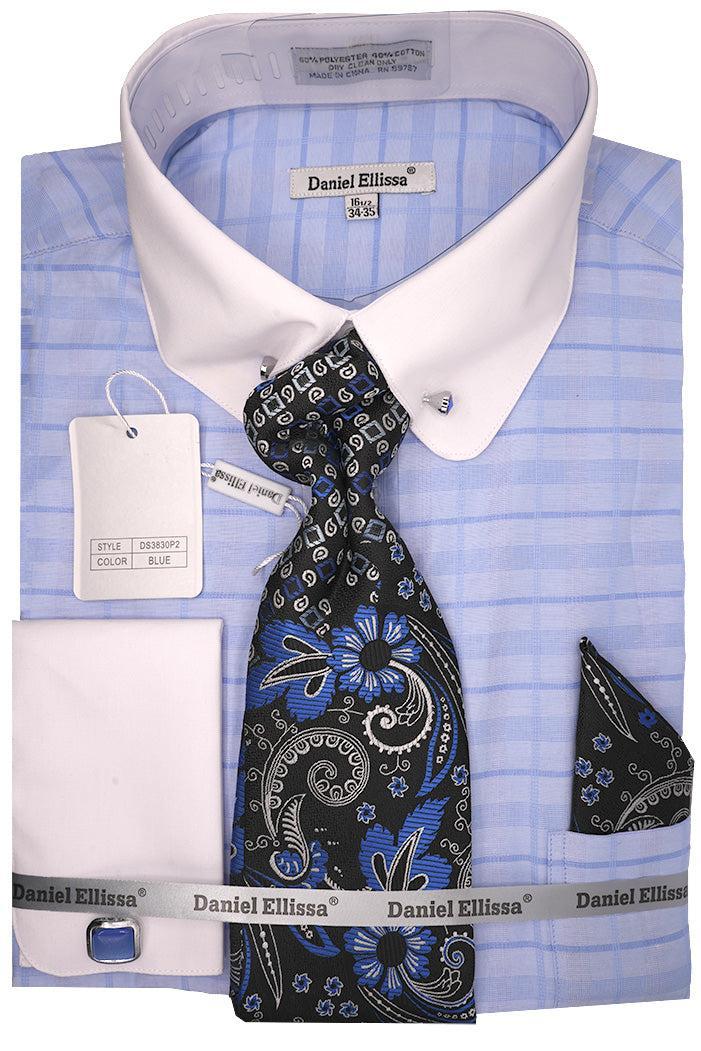 Blue Tone-on-tone Check Dress Shirt Set with Tie and Handkerchief Product Image