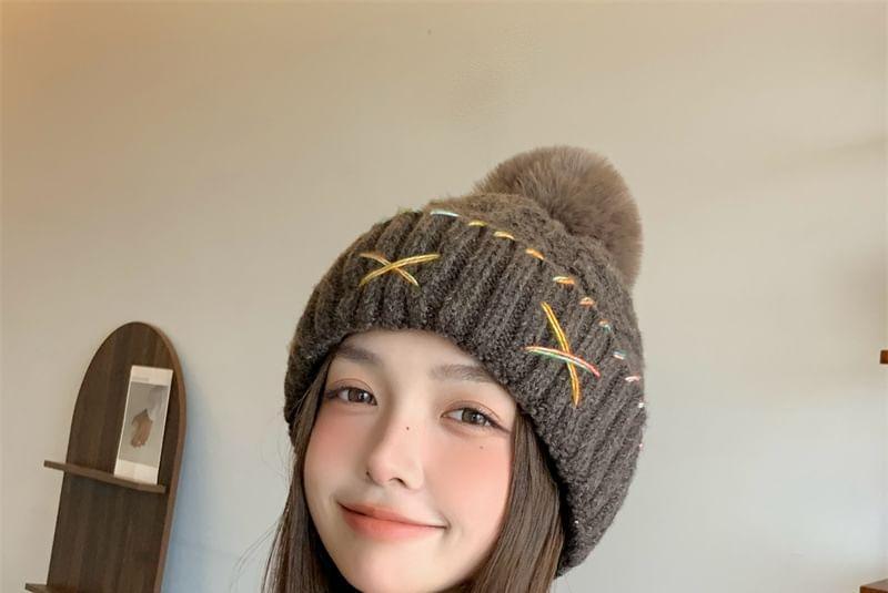 Pom Pom Contrast Stitching Knit Beanie Product Image