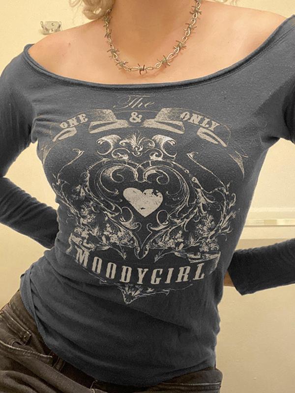 Vintage Heart Print Off Shoulder Long Sleeve Tee Product Image