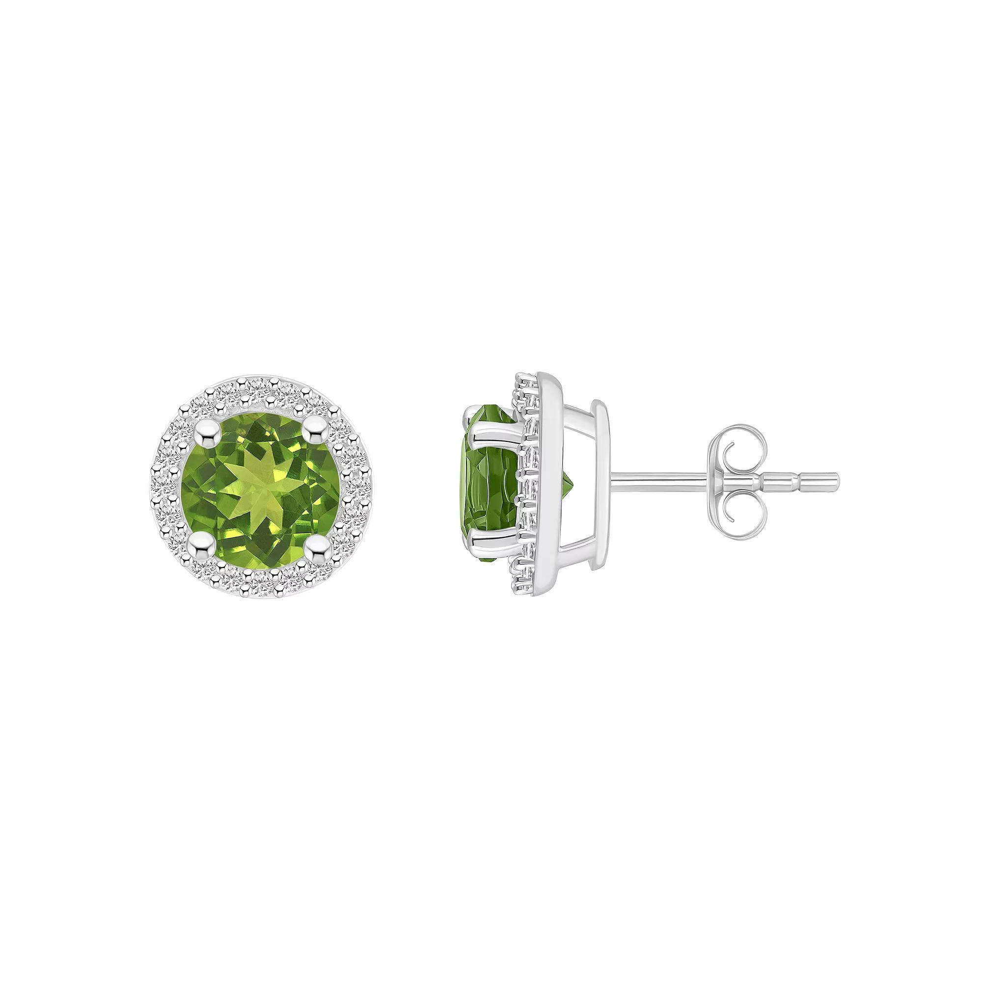Celebration Gems 10k White Gold Gemstone & Lab-Created White Sapphire Halo Stud Earrings, Women's, Peridot Product Image