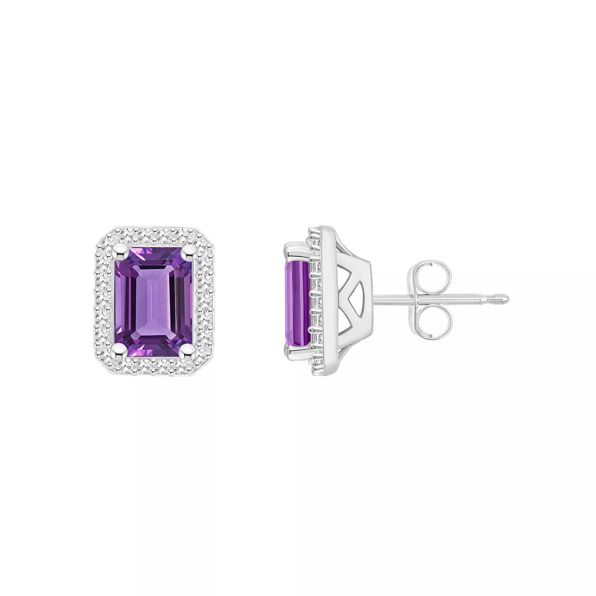 Celebration Gems Sterling Silver Gemstone & 1/5 Carat T.W. Diamond Halo Stud Earrings, Women's, Purple Product Image