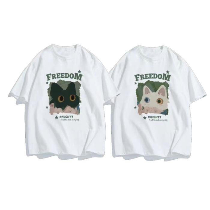 Couple Matching Short Sleeve Round Neck Cat Print Tee (Various Designs) Product Image