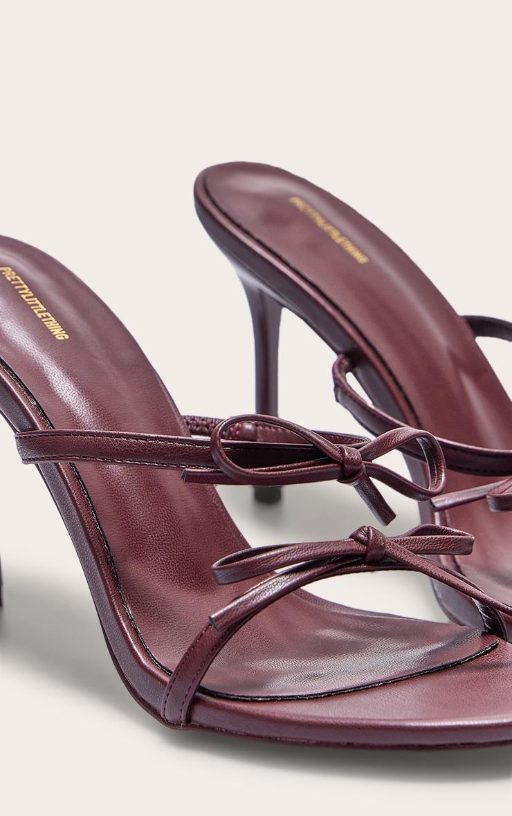 Burgundy Pu Round Toe Bow Strap High Stiletto Heeled Mules Product Image