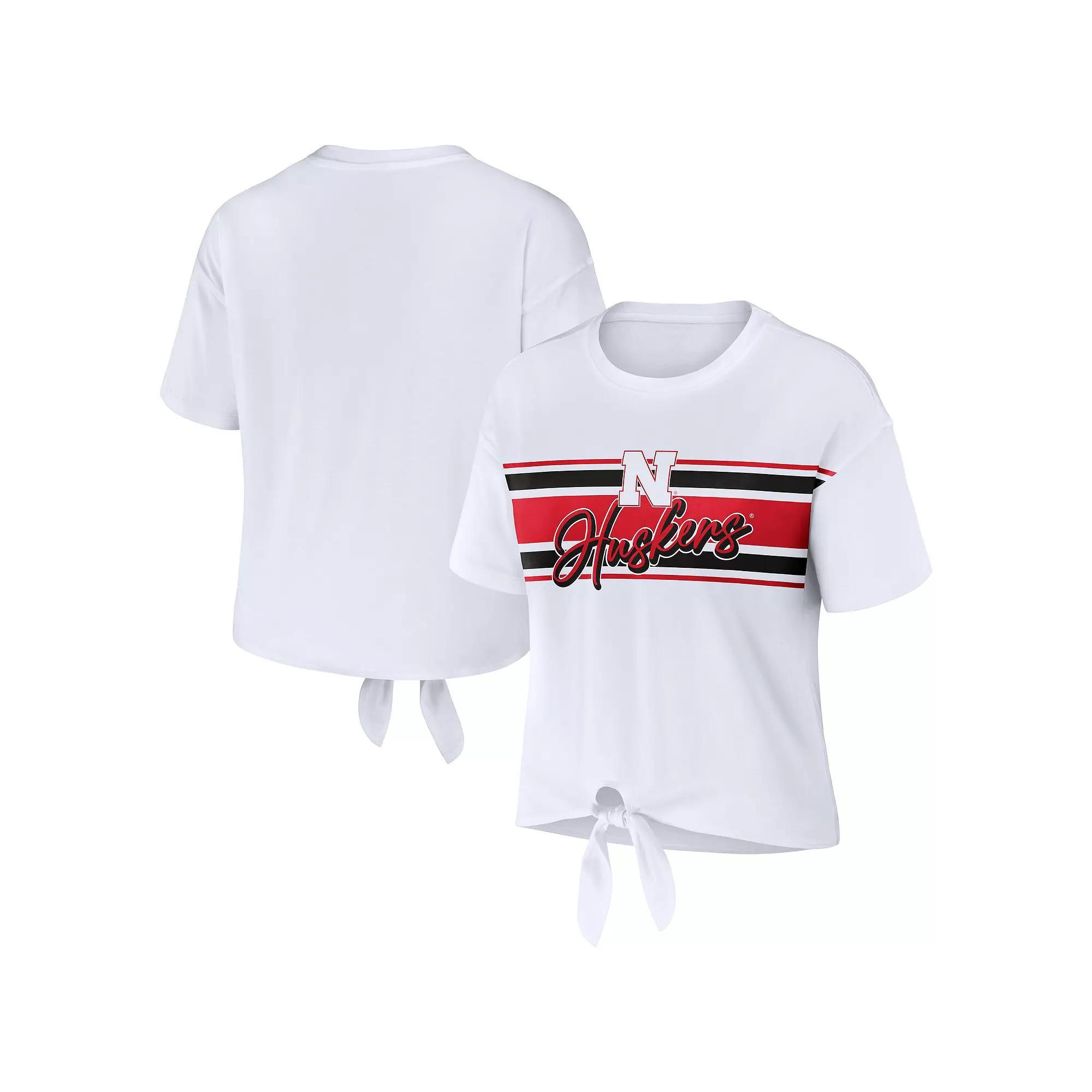Women's WEAR by Erin Andrews White Nebraska Huskers Striped Front Knot Cropped T-Shirt,  Product Image