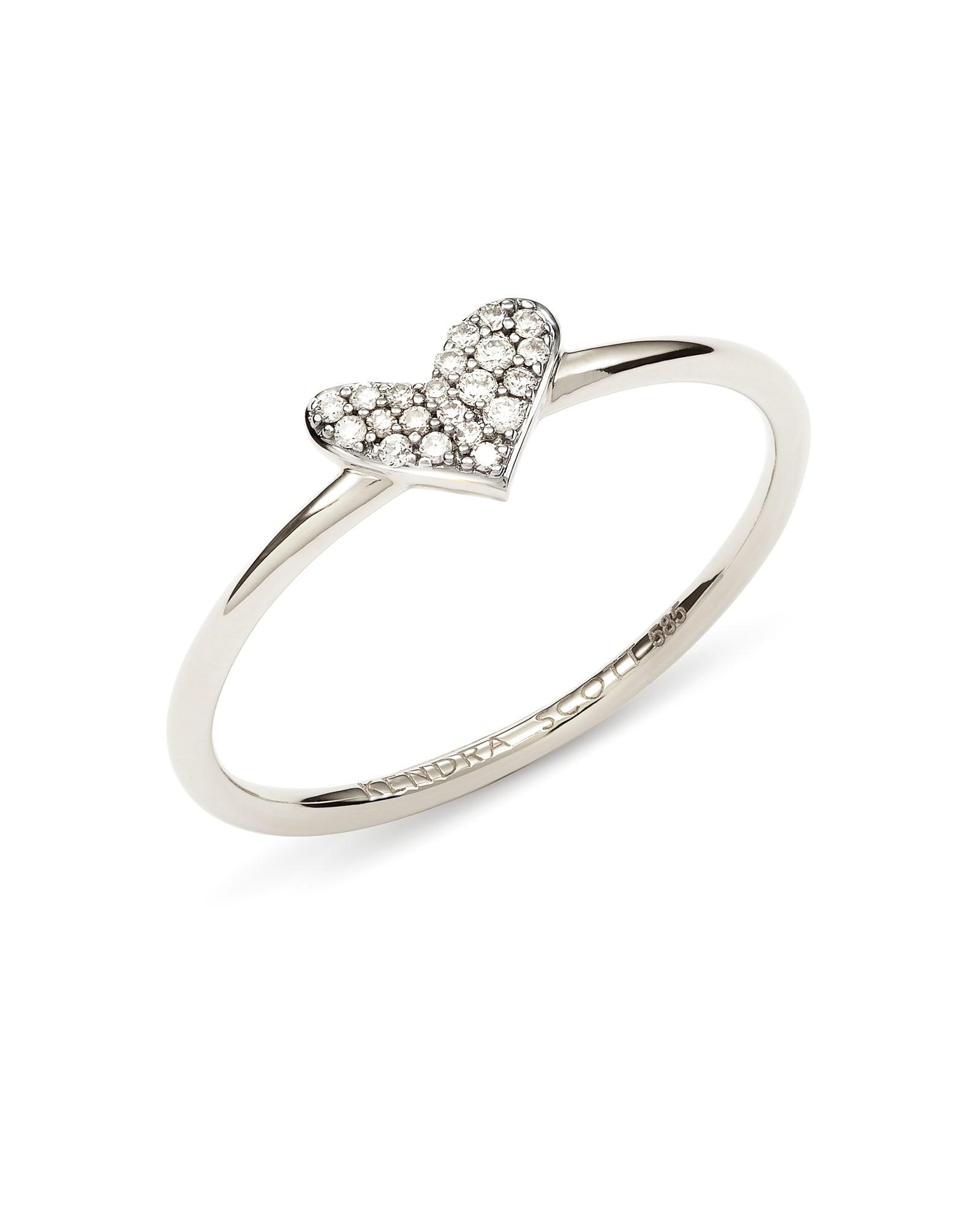 Heart 14k White Gold Band Ring in White Diamond Product Image