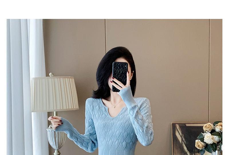 Long-Sleeve Notch Neck Plain Knit Mermaid Dress Product Image