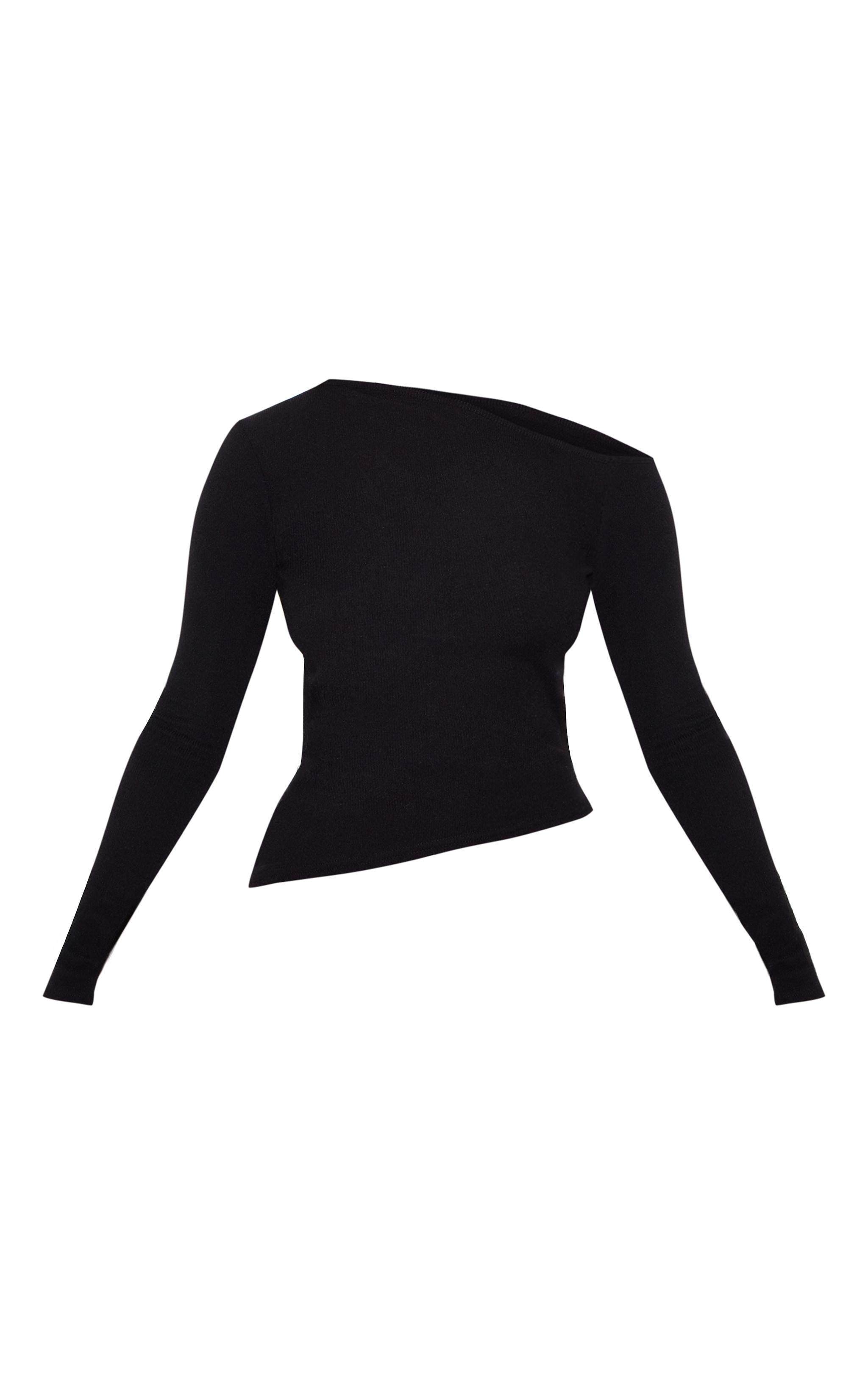 Black Soft Touch Rib Asymmetric Long Sleeve Top Product Image