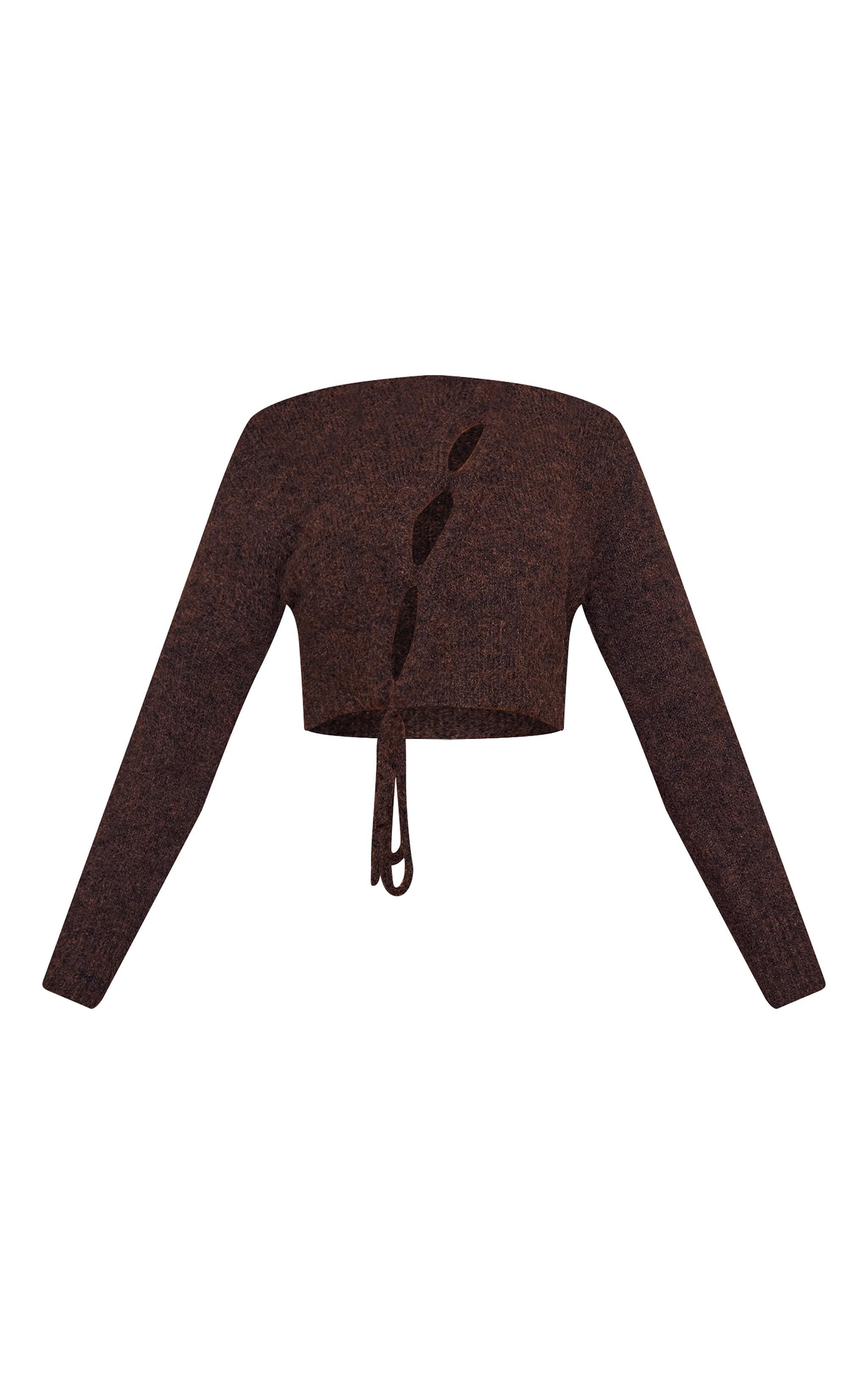 Petite Chocolate Fluffy Knitted Cut Out Detail Sweater Product Image