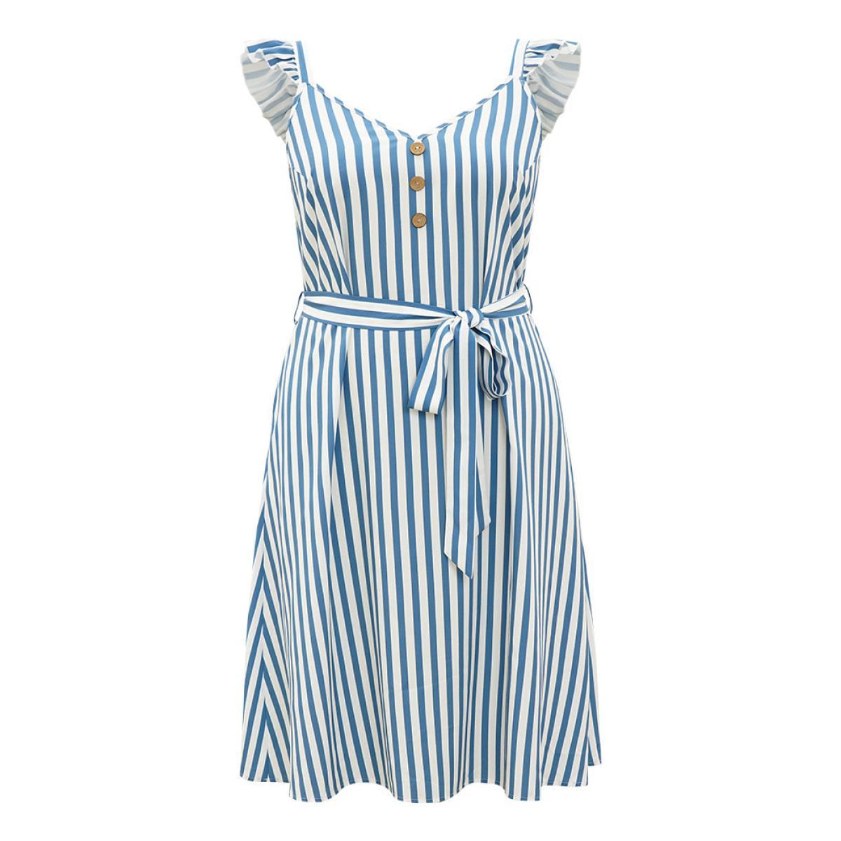 Plus Size Striped Ruffle Trim Button Detail Belted Dress Blue Women Elegant Belted V-neck Cap Sleeve Curvy Midi Dress BloomChic 12/L Product Image