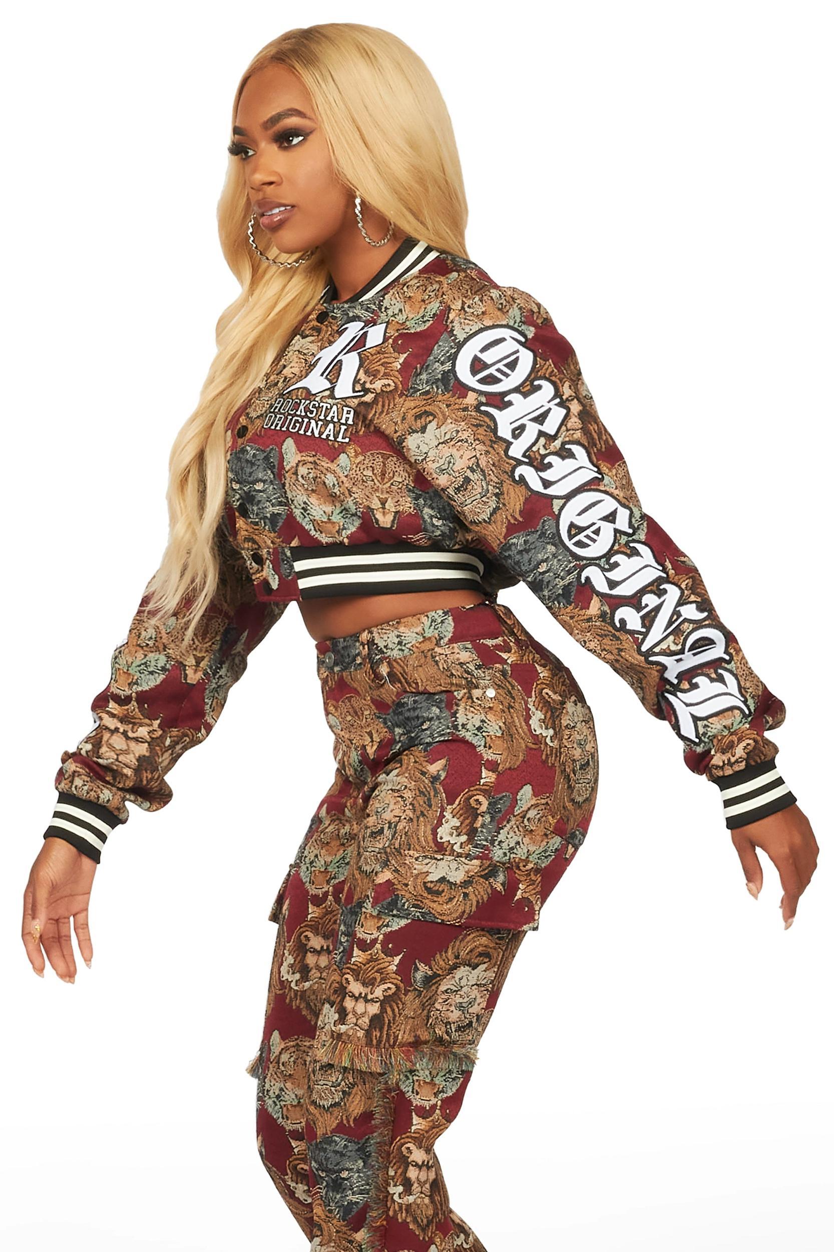 Khadiyah Red Crop Tapestry Varsity Jacket Female Product Image