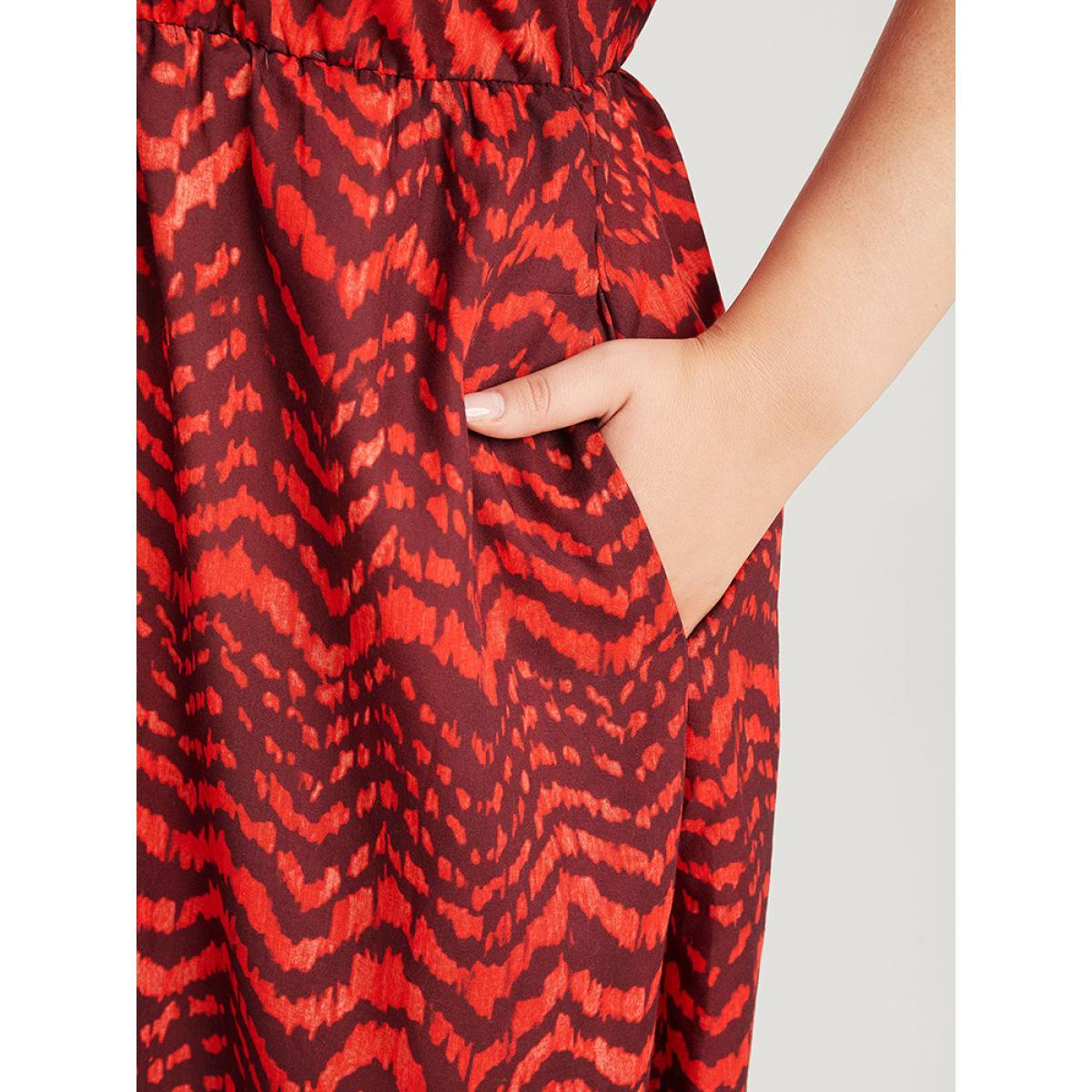 Plus Size Water Ripple Pocket Ruffle Sleeve Lace Dress Scarlet Women Elegant Gathered V-neck Short sleeve Curvy Midi Dress BloomChic 12/L Product Image