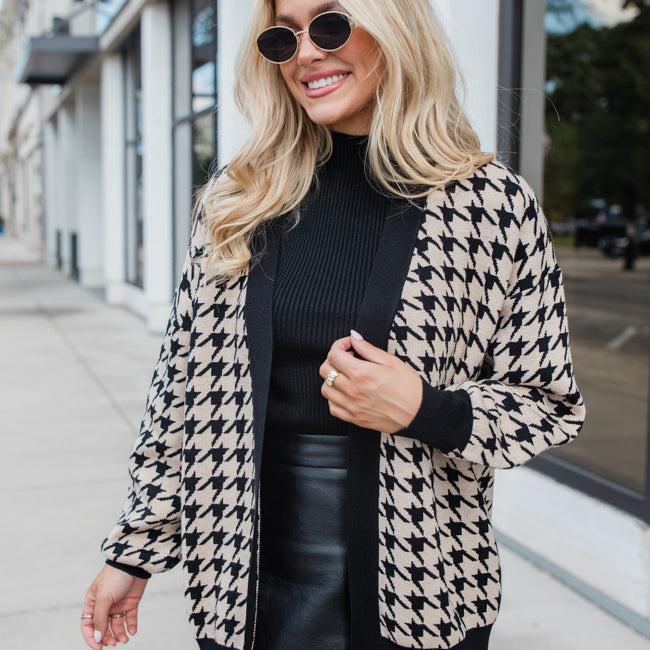 Trying Your Best Tan Houndstooth Cardigan FINAL SALE Product Image