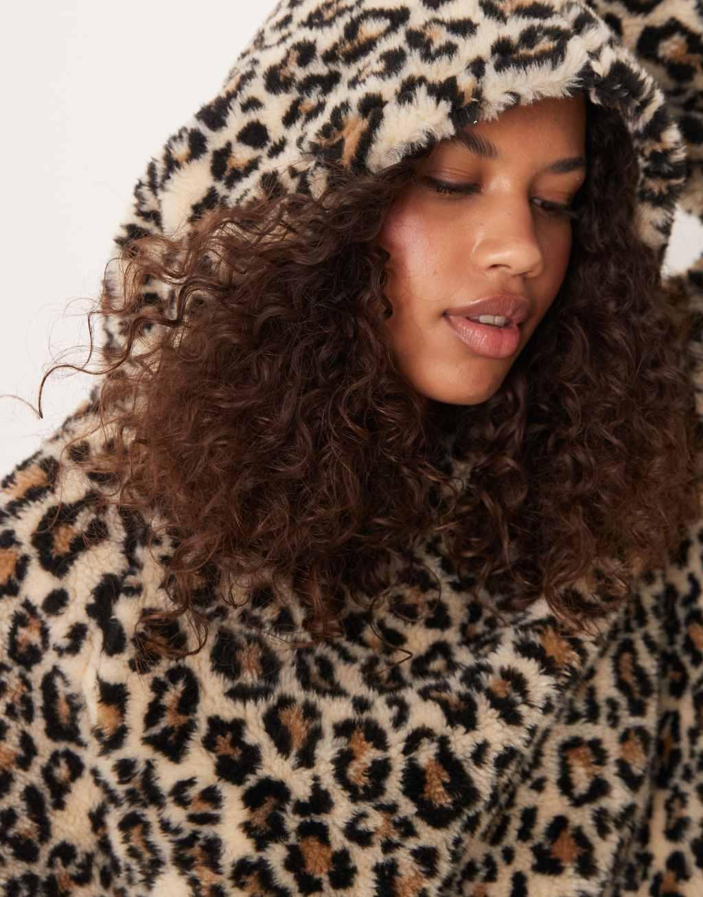 ASOS DESIGN leopard borg hoodie in neutral Product Image
