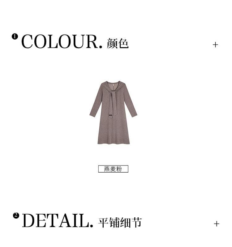 Long-Sleeve Tie-Neck Plain Midi A-Line Dress Product Image