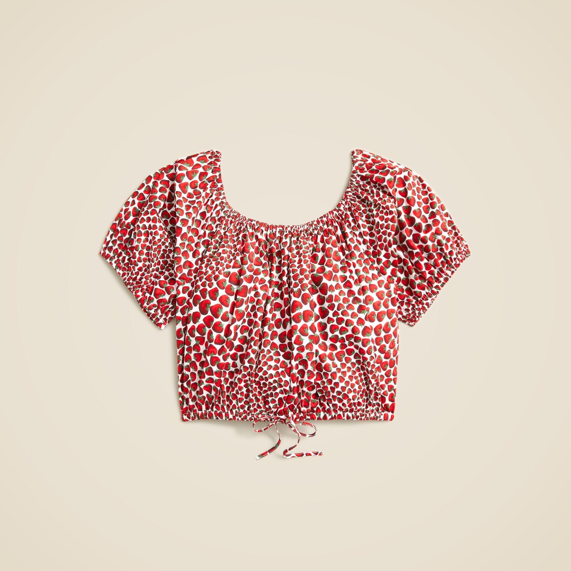 Cinched-waist cropped top in strawberry swirl cotton poplin Product Image