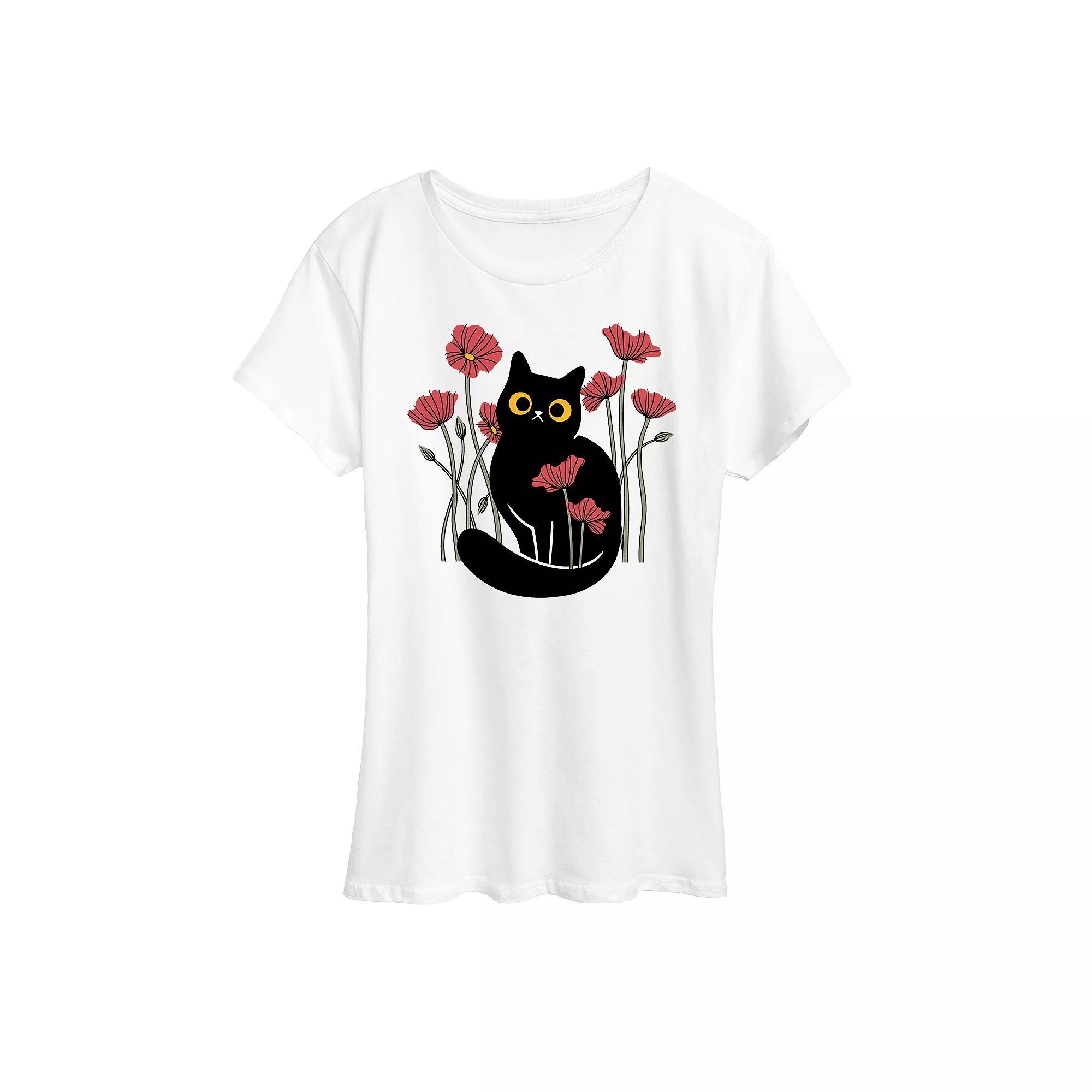 Women's Cat And Poppies Graphic Tee, Girl's, Size: Small, White Product Image