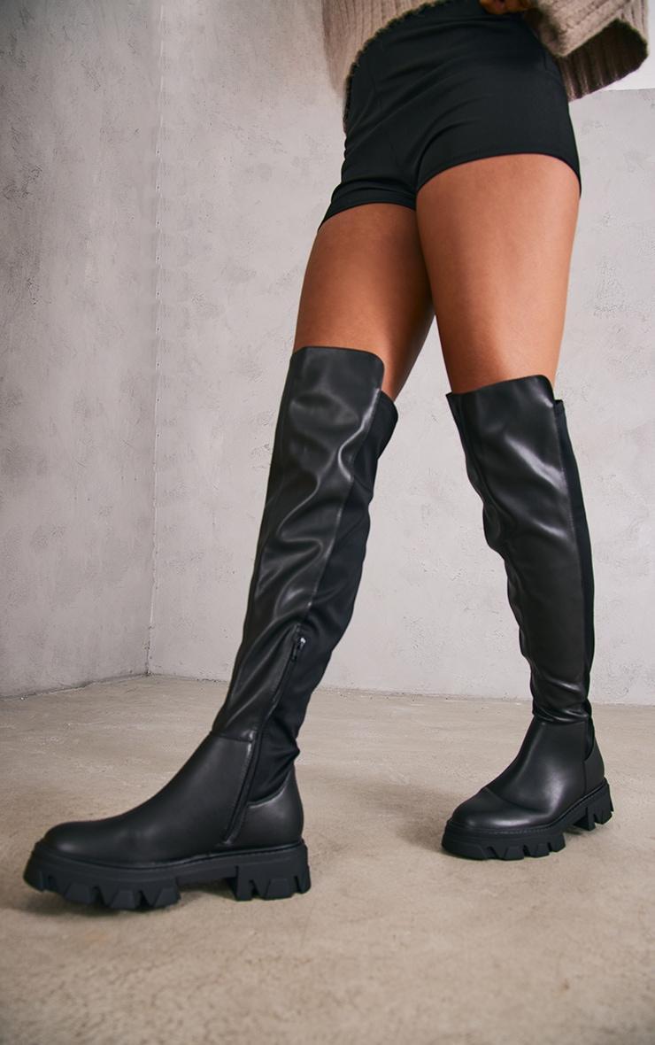 Black PU Round Toe Over The Knee Chunky Boots Product Image