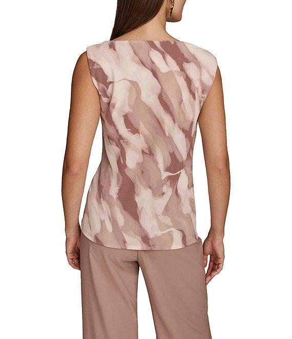 Donna Karan Mink Combo Printed Crepe Jersey Gold Hardware Twist Front Asymmetrical Neck Sleeveless Top Product Image