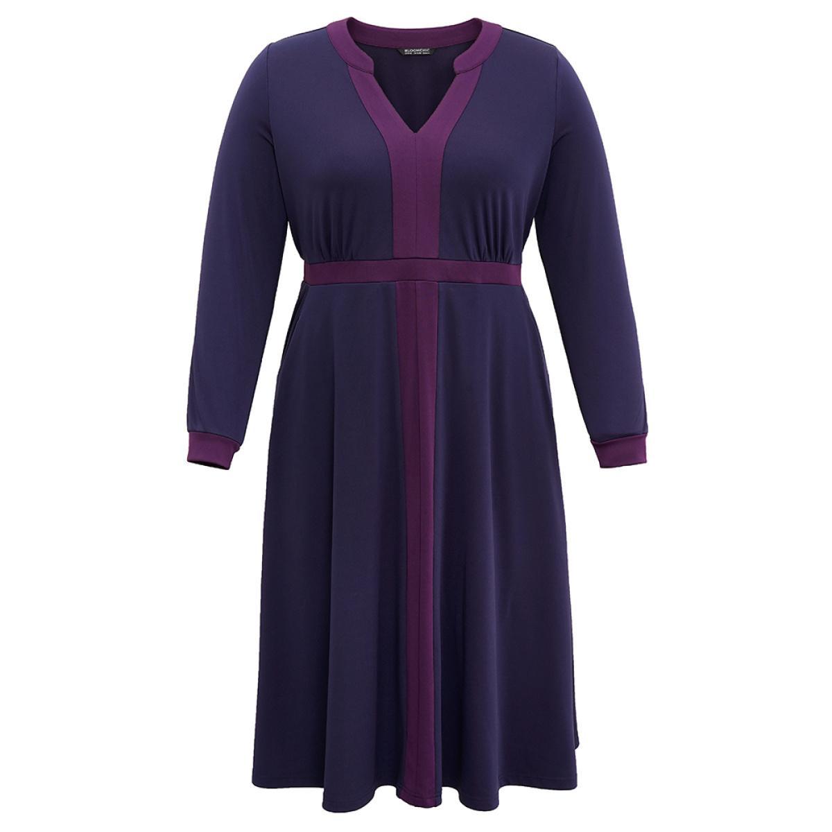 Plus Size Contrast Notched Gathered Elastic Waist Dress DarkBlue Women At the Office Contrast Notched collar Long Sleeve Curvy Midi Dress BloomChic 10/M Product Image