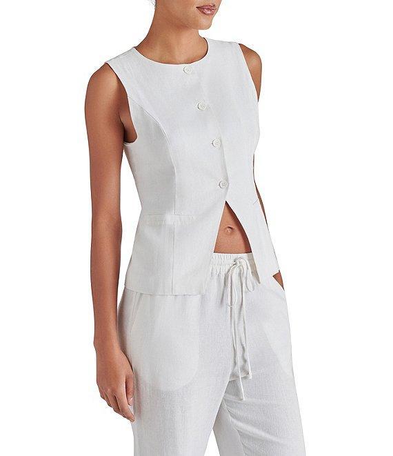 Steve Madden Wesley Round Neckline Sleeveless Button Front Linen Vest Top Product Image