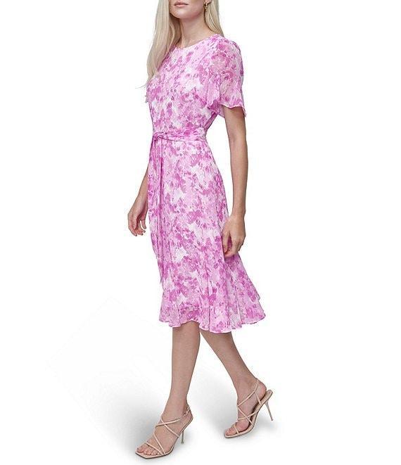 DKNY by Donna Karan Floral Printed Round Neckline Short Sleeve Tie Waist Midi Dress Product Image
