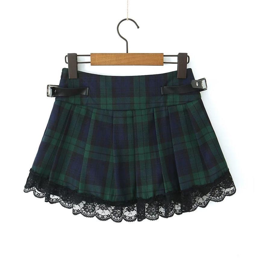 Mid Rise Plaid Buckled Lace Ruffle Mini A-Line Skirt Product Image