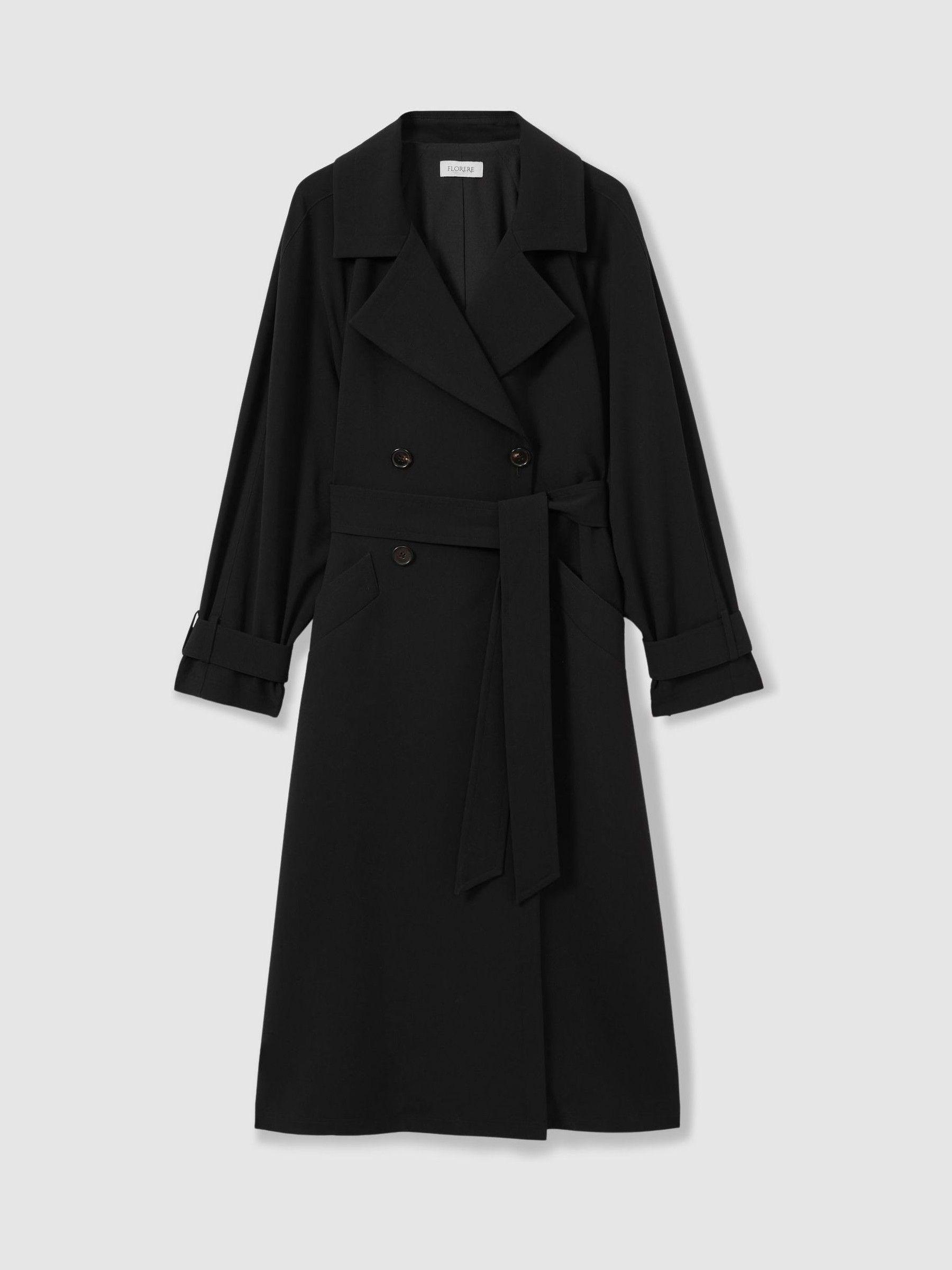 Florere Double Breasted Belted Trench Coat in Black Product Image