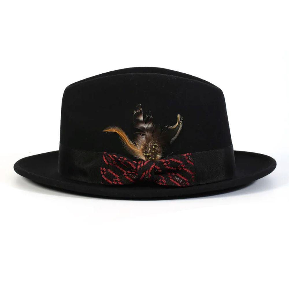 Black Wool Felt Fedora Hat with Rust Ribbon 2½ Brim Product Image